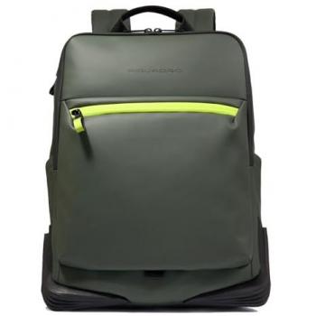 Piquadro C20W Green Leather Business Laptop Backpack with Chest Strap - 43 cm