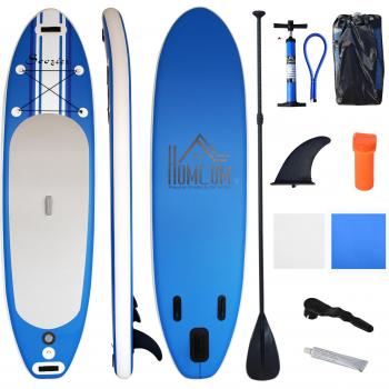 Homcom Stand Up Paddle Board Inflable con Remo Ajustable, Bomba y Kit de Reparación 305x76x15cm Azul, 3 Aletas para Estabilidad, Bolsa de Transporte