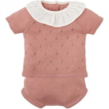 Conjunto de bebé niña en tricotosa color maquillaje con cuello volante a contraste