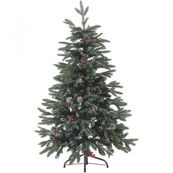 Árbol de Navidad 120 cm Denali Beliani con efecto nieve, PVC verde, base de metal, decorado con piñas y bayas de acebo