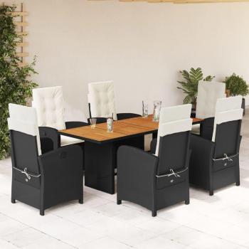 7-Piece Black Poly Rattan Garden Dining Set with Cushions