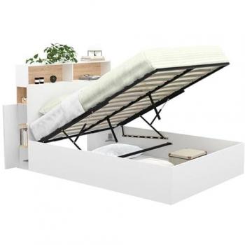Cama de matrimonio Clyde con cabecero y almacenaje 140 x 190 cm blanca y de haya