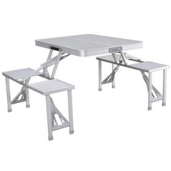 Set Mesa y 4 Asientos Plegables con Agujero para Sombrilla, Aluminio Gris, Dimensiones: 136x85x67 cm, Ideal para Camping y Playa