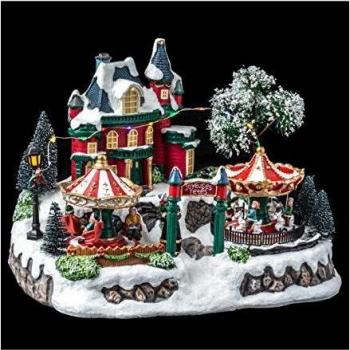 Decoración de Villaggio Navideño con Atracción Motorizada y Iluminación LED - Carrusel Animado y Bosque 18 LEDs + Transformador