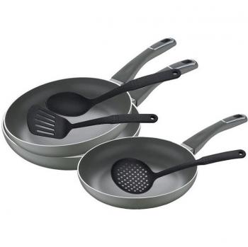 Juego de sartenes San Ignacio Trebol de aluminio prensado (20, 24 y 28 cm) con set de utensilios de cocina en nylon