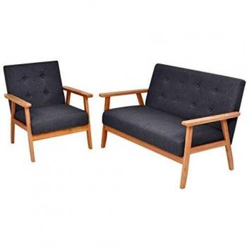 vidaXL Juego de Sofá y Sillón con Reposabrazos Retro Madera y Tela Gris Claro