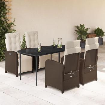 5-Piece Brown Poly Rattan Garden Dining Set with Cushions