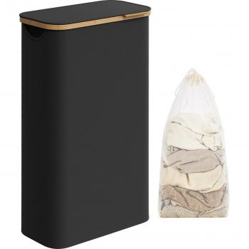 Cesto de Ropa Sucia con Tapa 65L, Plegable, Forro de Malla Extraíble, Tejido Oxford, Asas de Bambú, Dimensiones: 42x22.5x70.5