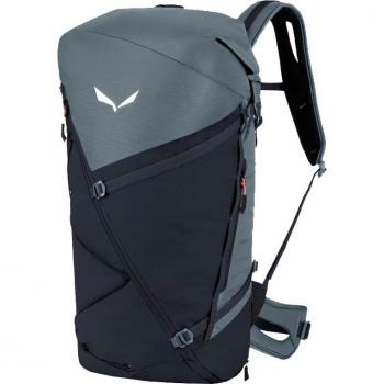 Mochila Salewa PUEZ 32+5L gris negro y azul marino, capacidad de 32 litros más 5 litros adicionales, diseño ligero y resistente, sistema de ventilación en la espalda, múltiples compartimentos para organización,