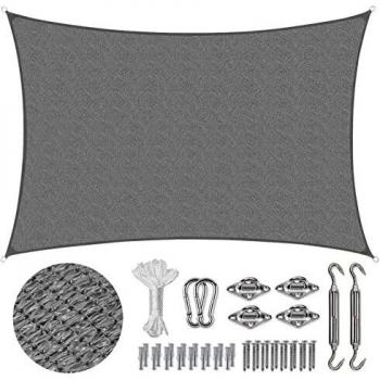 Sekey Toldo Vela de Sombra 4x5m Rectangular con Cuerda y Kit de Montaje, HDPE Prueba de Viento, Transpirable, Protección Rayos UV, para Terraza Patio Exteriores Jardín, Gris Claro