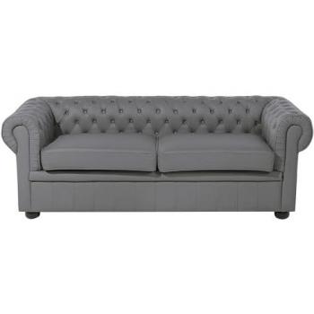 Sofá Chesterfield 3 Plazas en Piel Gris Oscuro con Brazos Enrollados y Patas de Madera Oscura