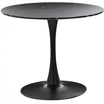 Mesa de Comedor Redonda Industrial 90 cm con Tablero de MDF Negro y Base de Metal, Efecto Mármol Negro