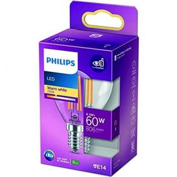 Bombilla LED Filamento Philips E14 P45 6,5W 2700K 806lm Luz Cálida