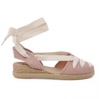 Alpargatas de niña de lino goyescas con cintas en crudo y cuña - Talla 31 Rosa Palo