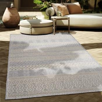 Alfombra Boho Chic Redonda de Interior y Exterior para Balcón, Terraza y Cocina, Ø 120 cm, Color Gris