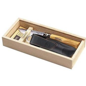 Opinel No. 8 Carbon Pocket Knife with Leather Sheath and Olive Wood Handle