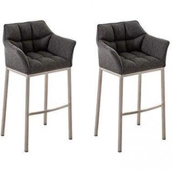 Set de 2 taburetes de bar Damaso en tela gris titanio con base de 4 patas de acero inoxidable