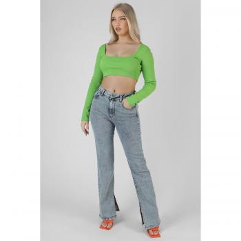 Long Sleeve Square Neck Crop Top Green
