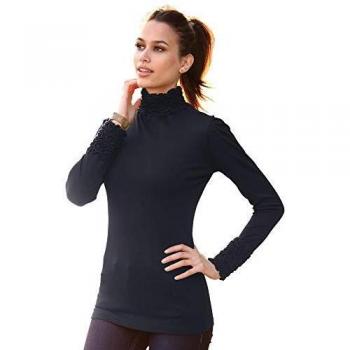 Camiseta de Cuello Alto y Manga Larga Fruncida en los Hombros Mujer by - 017899,Negro,L