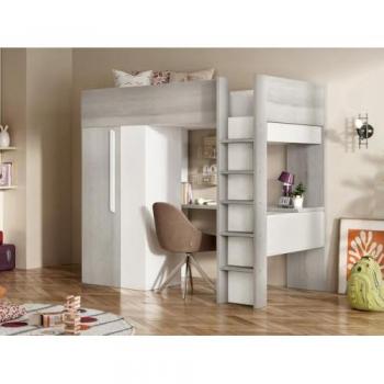 Cama Alta 90 x 200 cm con Armario y Escritorio - Natural Grisáceo y Blanco + Colchón - Modelo Nicolás
