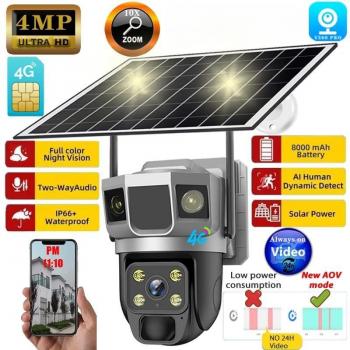 Cámara Solar 2024 4G SIM para Exteriores, 4MP HD, Seguridad CCTV Impermeable, Visión Nocturna, Detección Humana PIR, PTZ con Panel Solar