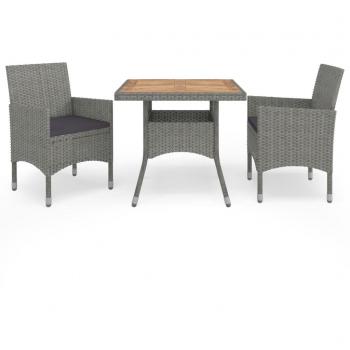 3-Piece Gray Poly Rattan and Acacia Wood Garden Dining Set