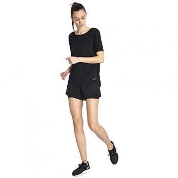 NIKE W Nk Dry SS Top Elastika T-Shirt, Mujer, Black/Black/White, L