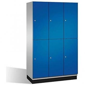 Armario de compartimentos Cambio C+P con barra perchero, 3 secciones, cuerpo blanco aluminio y puerta azul encián, 1200 mm de ancho