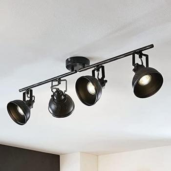 Lindby Foco de techo Lovro, 4 brazos, tipo industrial en negro, hecho de metal, para salón y comedor, con 4 llamas GU10