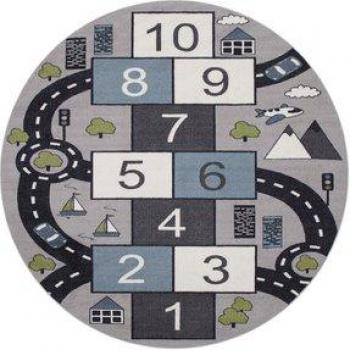 Alfombra infantil de juego Rayuela Motivo Calles Gris, redonda ø 200 cm, ideal para habitaciones infantiles, con diseño de calles y cajas de rebote