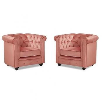 Conjunto de 2 sillones Chesterfield de terciopelo rosa pastel con brazos