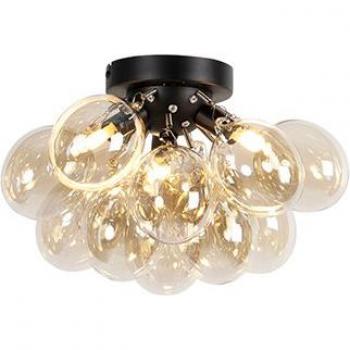 Plafón Art Deco Negro con Cristal Ámbar 3 Luces Diseño Elegante