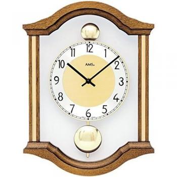 Reloj de Pared Pendular AMS 7447/4, Diseño Colorido (Madera Marrón y Dorada), Dimensiones: 6cm x 34cm x 26cm