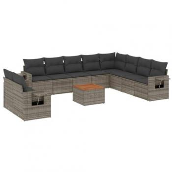 Set de sofás de jardín 11 piezas con cojines de ratán sintético gris