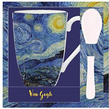 Taza con Cuchara Van Gogh Noche Estrellada de Porcelana 13x11x11 Cms, Compatible con Lavavajillas