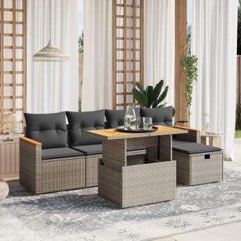 6-Piece Grey Poly Rattan Garden Sofa Set with Cushions