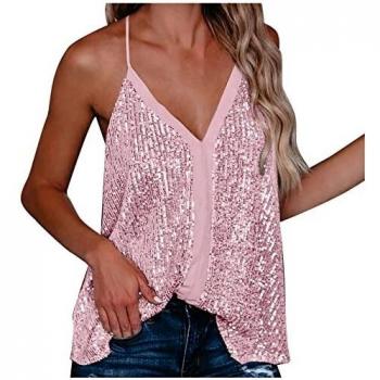 Sequin Party V Tunc Sleeveless Loose Women Fashion Neck Strap Tops Casual Tank Women's Tanks & Harvest Tank Top, pink, XXL