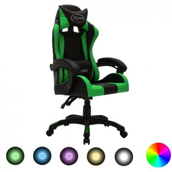 Silla gaming Día y Noche con luces LED RGB en cuero sintético verde y negro