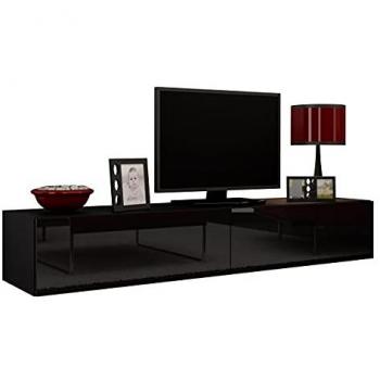 Mesa de TV Charlotte A122, Mueble para TV, 180 x 30 x 40 cm, color Negro + Negro brillante, con apertura sin asas, armario colgante de alto brillo mate, tablero laminado y MDF