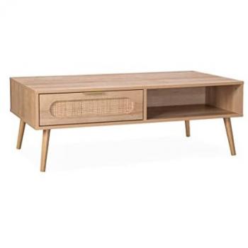 Mesa de centro escandinava redonda de caña y madera, 1 cajón reversible, dimensiones 110x59x39 cm