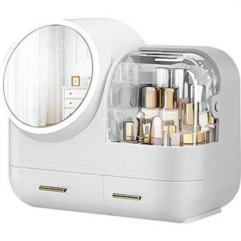 Caja organizadora de maquillaje con espejo y luz LED blanca Joybos, dimensiones 31 x 37,5 x 22 cm