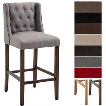 Taburete Bar Cassandra de Tela con Diseño Chesterfield, Estructura de Madera de Caucho y Apoyo para Pies, Gris Claro/Antiguo Oscuro