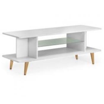 Mesa Rectangular Blanca con Estante de Cristal Topkit - Mesa rectangular serie Roncesvalles 2476, estante de cristal, color blanco, ideal para muebles de salón