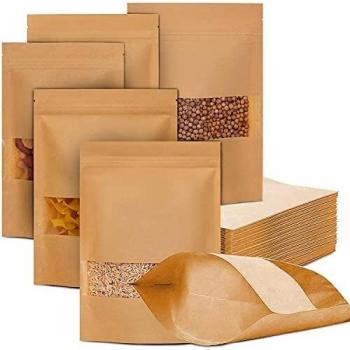 Paquete de 75 bolsas Kraft Stand Up Bolsas – Bolsa Kraft marrón resellable con ventana transparente – Café, aperitivos, dulces contenedores – Papel y plástico de grado alimenticio