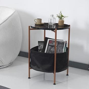 Mesa auxiliar Suonenjoki redonda 59 x ø 47 cm con superficie de mármol negro y estructura de metal bronce, incluye cesta contenedora
