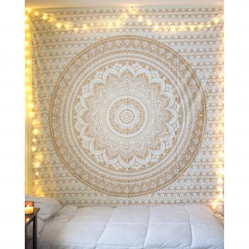 Raajsee Tapices metálicos para colgar en la pared, diseño de mandala bohemio, de algodón, color oro blanco Ombre, Queen