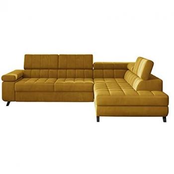 Sofá rinconero Comfivo 207, amarillo, con función de descanso y caja de ropa de cama, 264x203x73cm