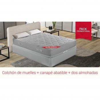 PIKOLIN Pack Colchón viscoelástico de muelles 135x190+ canapé con Base abatible en Madera y Dos Almohadas de Fibra