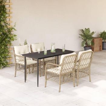 Beige Poly Rattan 5-Piece Garden Dining Set with Cushions