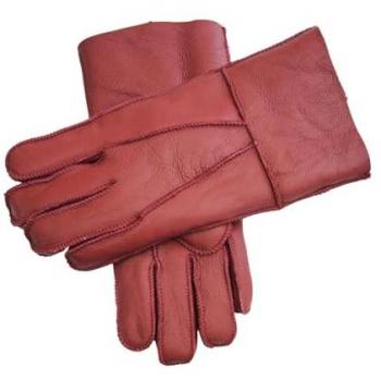 Unisex Red Sheepskin Leather Gloves with Adjustable Cuff - Size Large